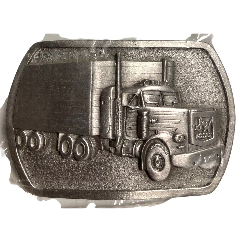 Mens Vintage Belt Buckle Pewter Metal S&H Green Stamps Sperry Hutchinson Trucker